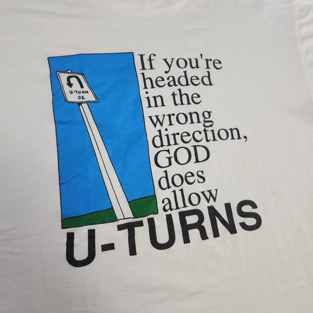 Vintage Jesus Shirt Men Large U Turn Tee 90s Single Stitch White God‎